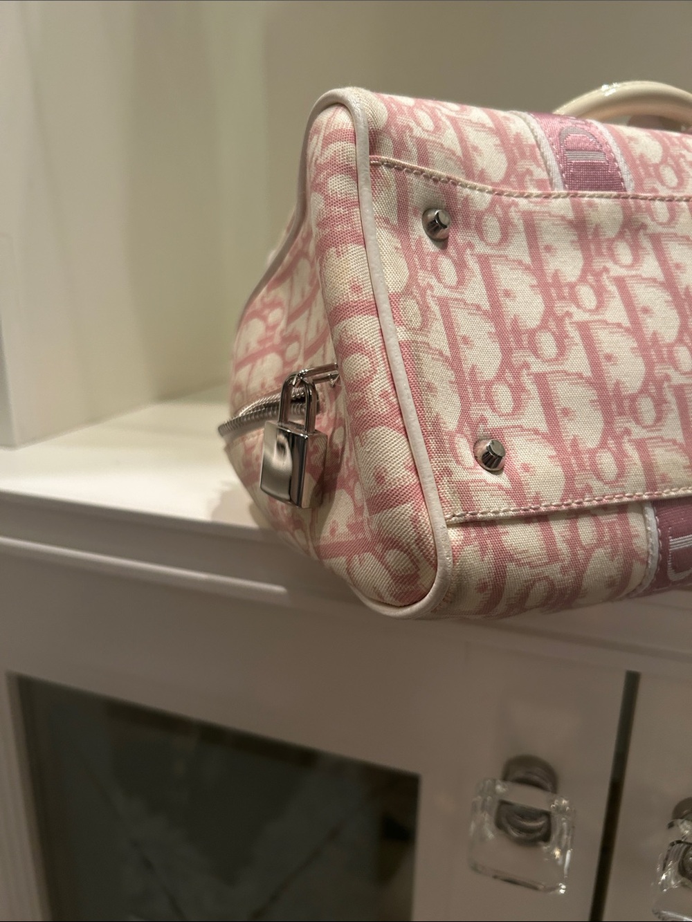 Dior Pink and White Floral Bowling Satchel with Crystal '1' Accent - Picture 10 of 13